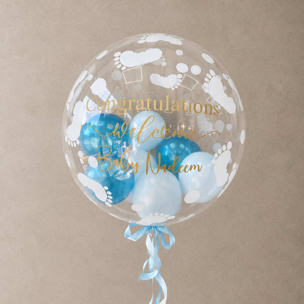 New Born Baby Balloon In A Box With Next Day Delivery, Personalised Balloon Filled With Mini Balloons or Feathers