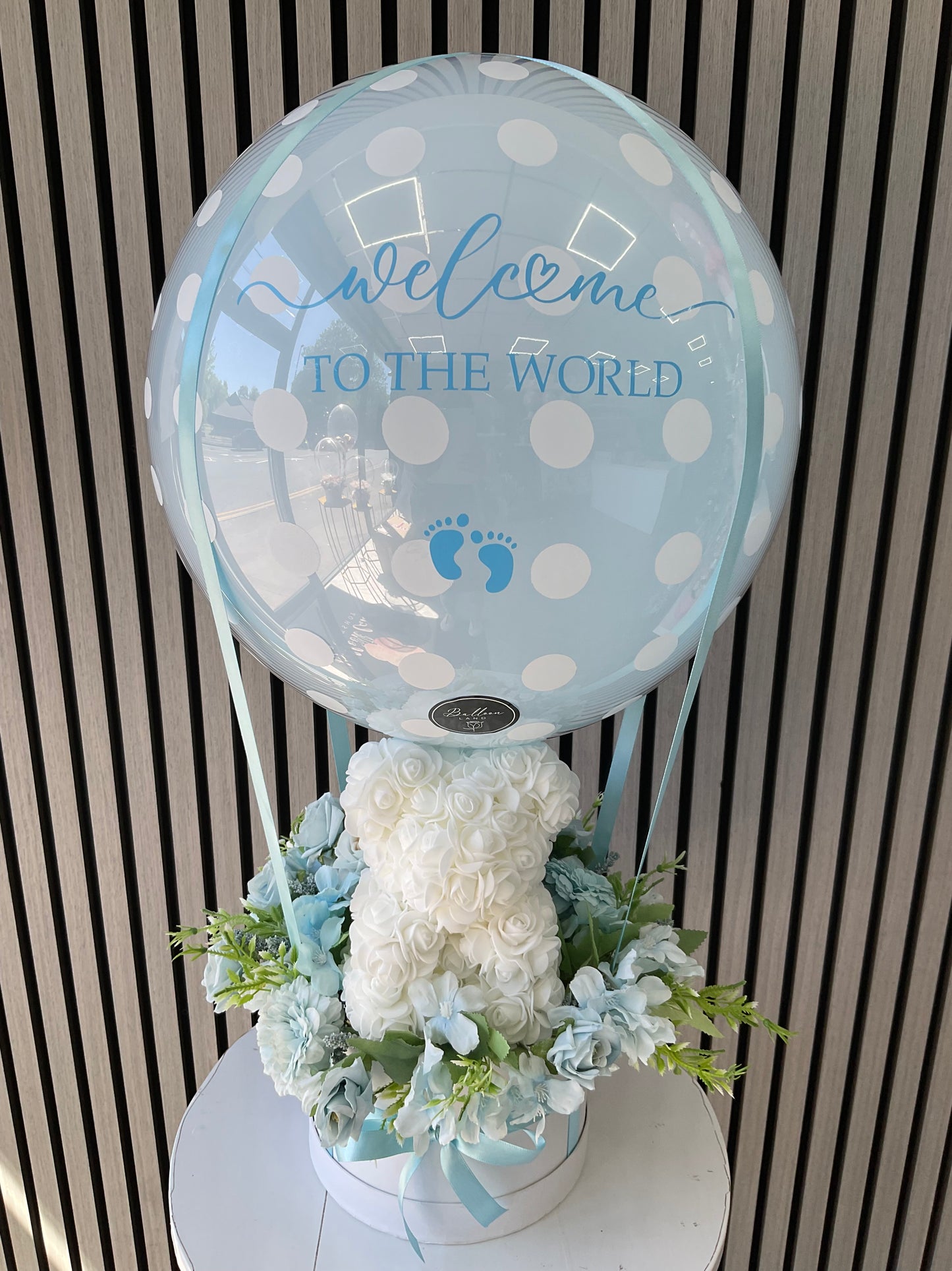 Welcome to the world balloon bouquet with a rose bear
