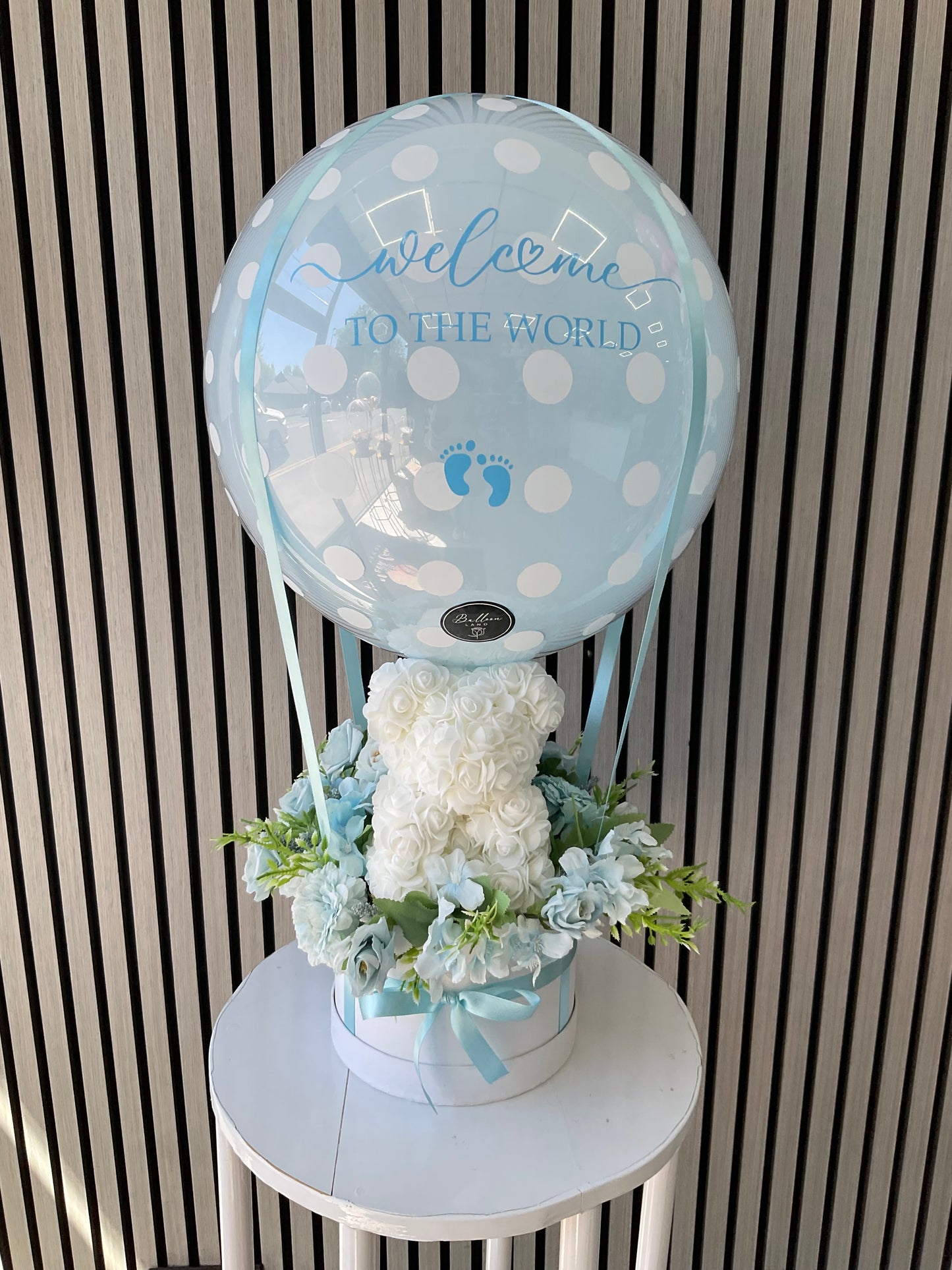 Welcome to the world balloon bouquet with a rose bear