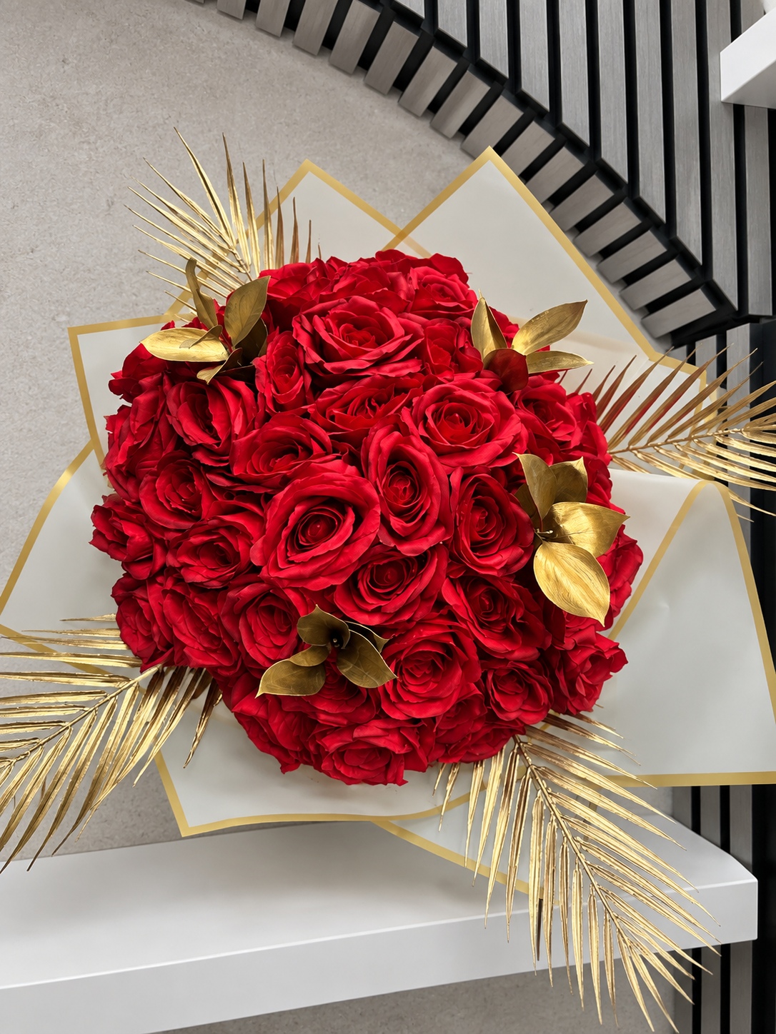 Luxury Red Rose Bouquet with Gold Palm Leaves
