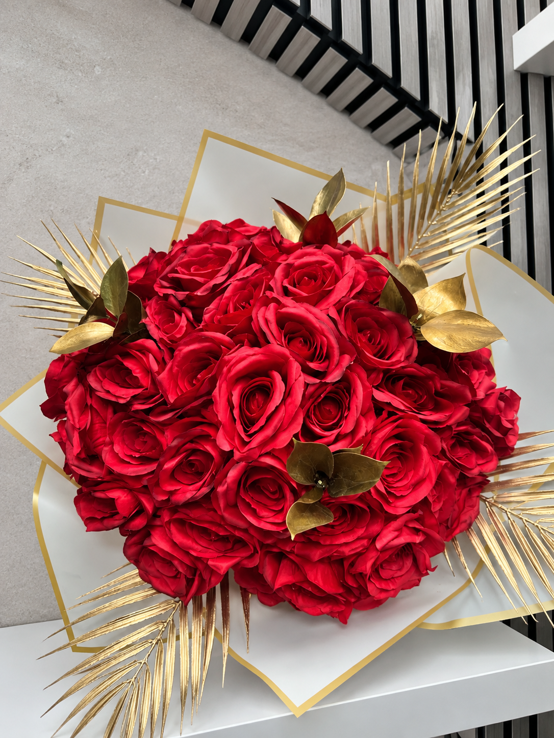 Luxury Red Rose Bouquet with Gold Palm Leaves