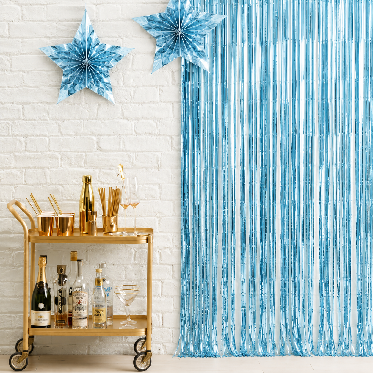 Light blue metallic foil curtain backdrop for birthdays, baby showers, gender reveals, weddings, party decorations and photo booth backgrounds.