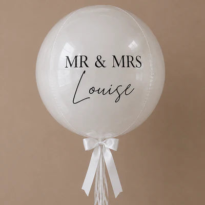 Luxury personalised Mr & Mrs Orbz balloon with custom surname, perfect for weddings, bridal showers and anniversary celebrations with UK nationwide next day delivery.