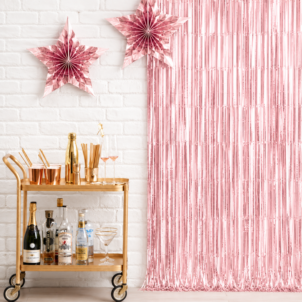 Pink metallic foil curtain backdrop for birthdays, baby showers, weddings, bridal showers, party decorations and photo booth backgrounds.