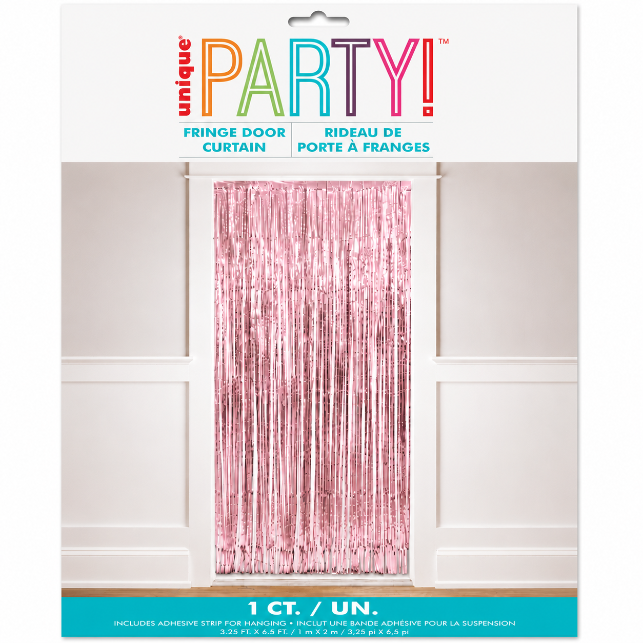 A retail package of a pink metallic fringe door curtain, shown hanging in front of a white paneled wall. The package header reads 'unique PARTY!' with 'FRINGE DOOR CURTAIN' and 'RIDEAU DE PORTE A FRANGES' below.