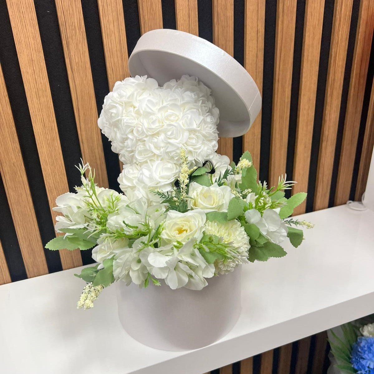 White Rose Bear With White Flower Bouquet