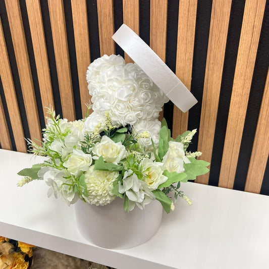 White Rose Bear With White Flower Bouquet