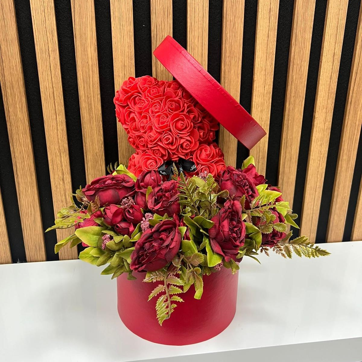 Red Rose Bear with Red Flower Bouquet