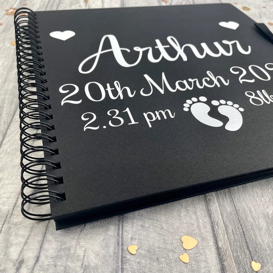 Personalised Baby Scrapbook, Newborn Memory Keepsake Black 12inch Scrapbook, Baby Girl Boy Christening Gift Birthday Present