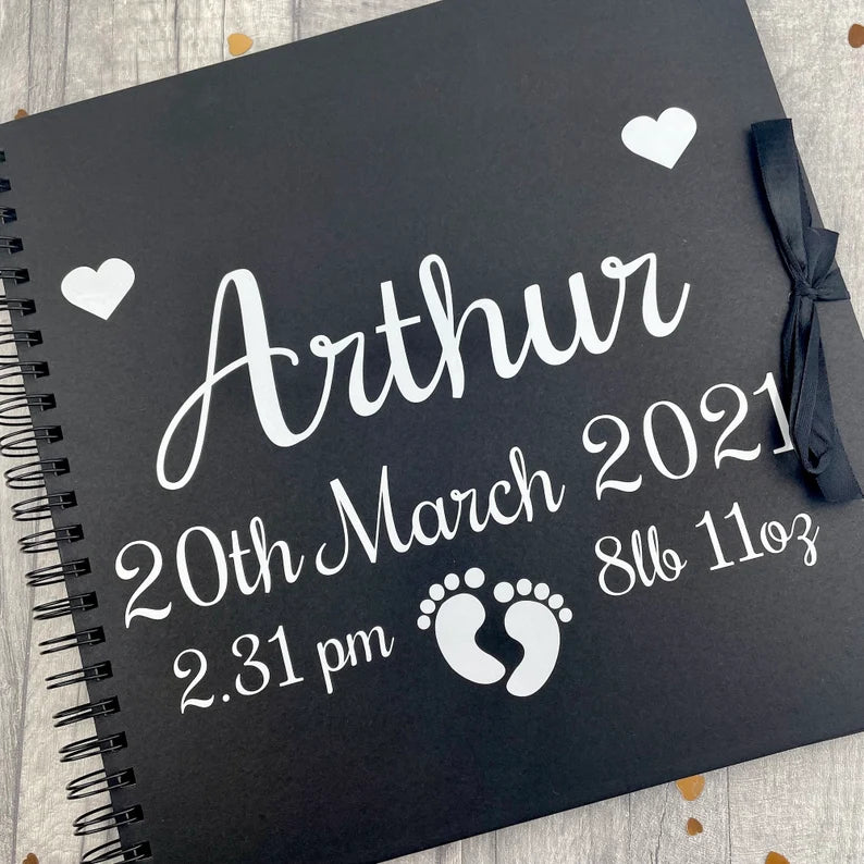 Personalised Baby Scrapbook, Newborn Memory Keepsake Black 12inch Scrapbook, Baby Girl Boy Christening Gift Birthday Present