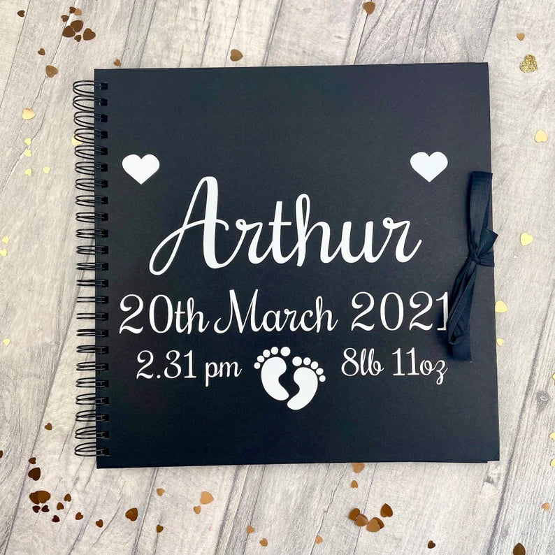 Personalised Baby Scrapbook, Newborn Memory Keepsake Black 12inch Scrapbook, Baby Girl Boy Christening Gift Birthday Present