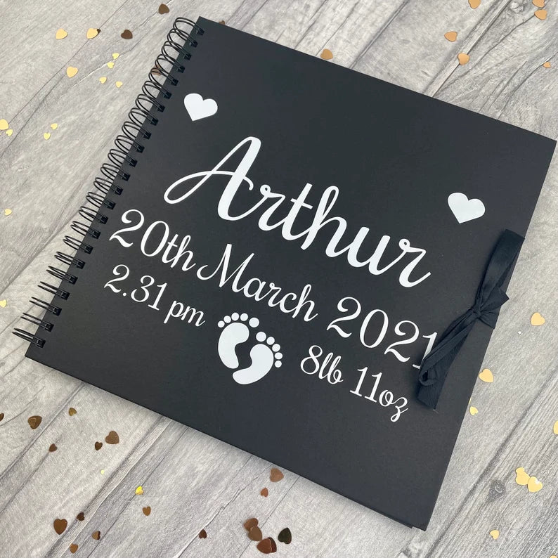 Personalised Baby Scrapbook, Newborn Memory Keepsake Black 12inch Scrapbook, Baby Girl Boy Christening Gift Birthday Present