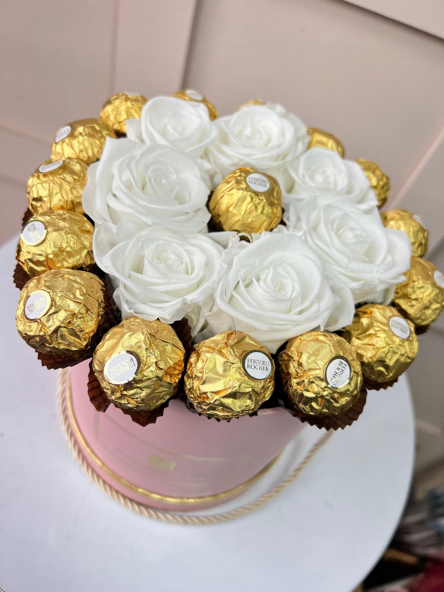 Preserved White Roses & Ferrreo Rocher Bouquet