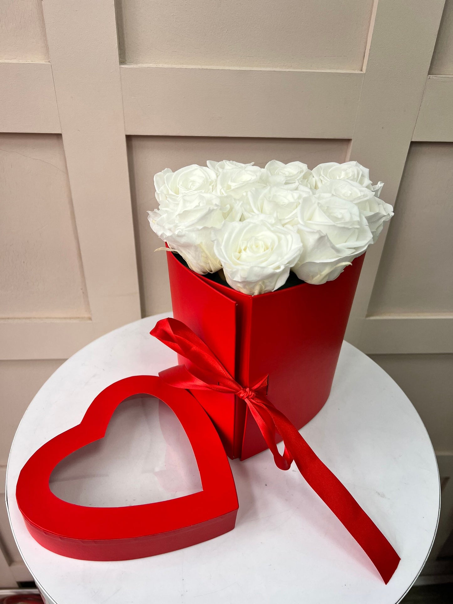 white Preserved Roses in Red Heart Box