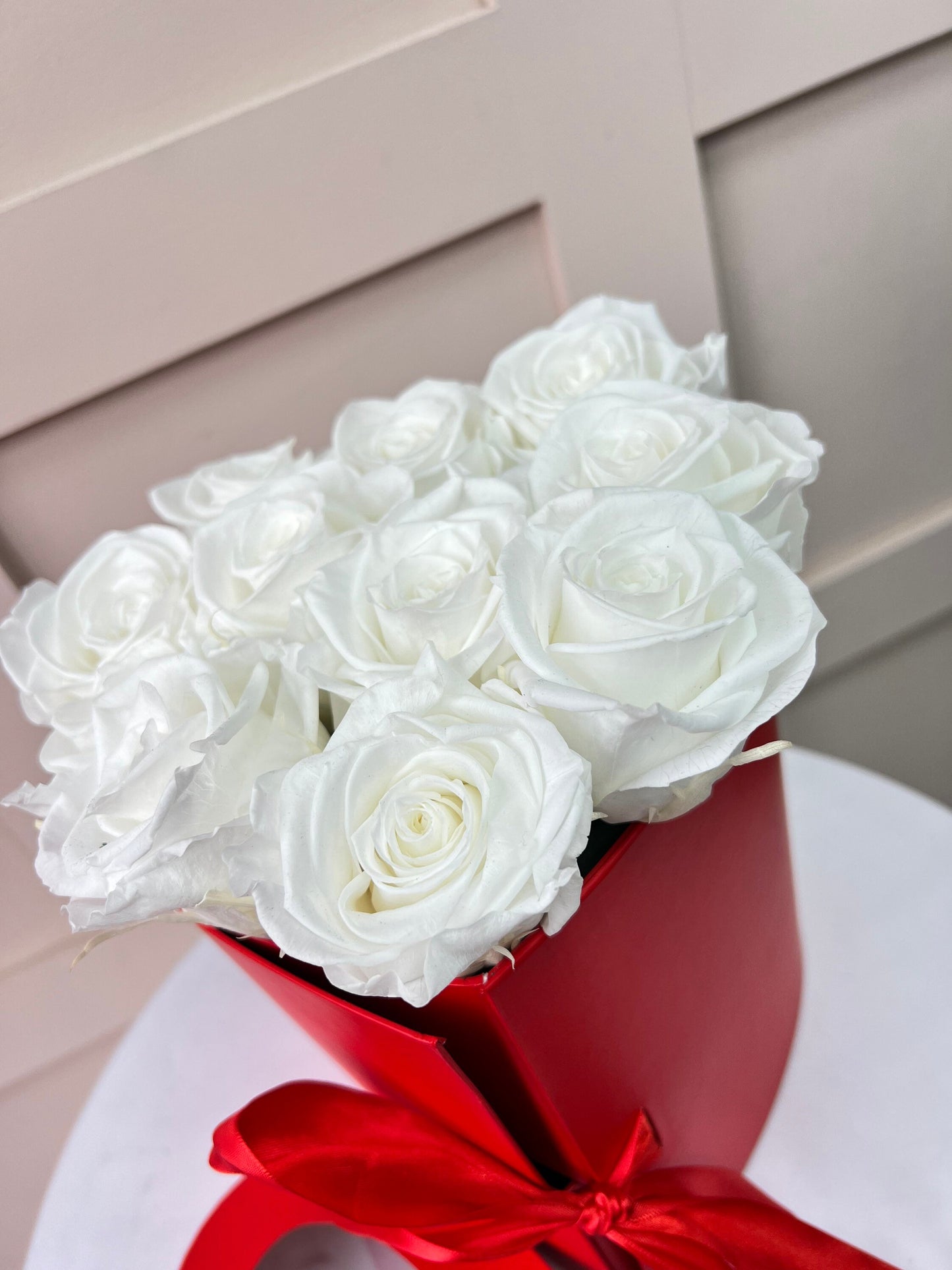 white Preserved Roses in Red Heart Box