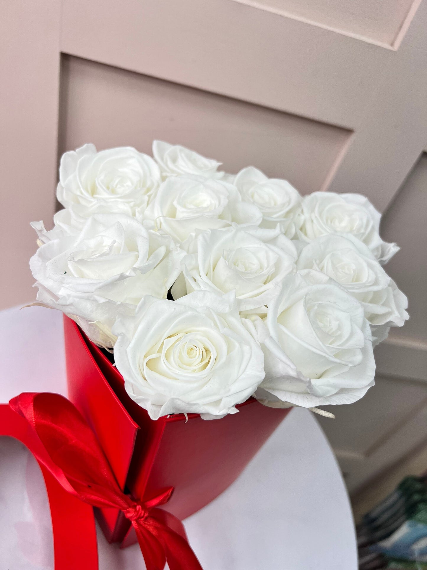 white Preserved Roses in Red Heart Box