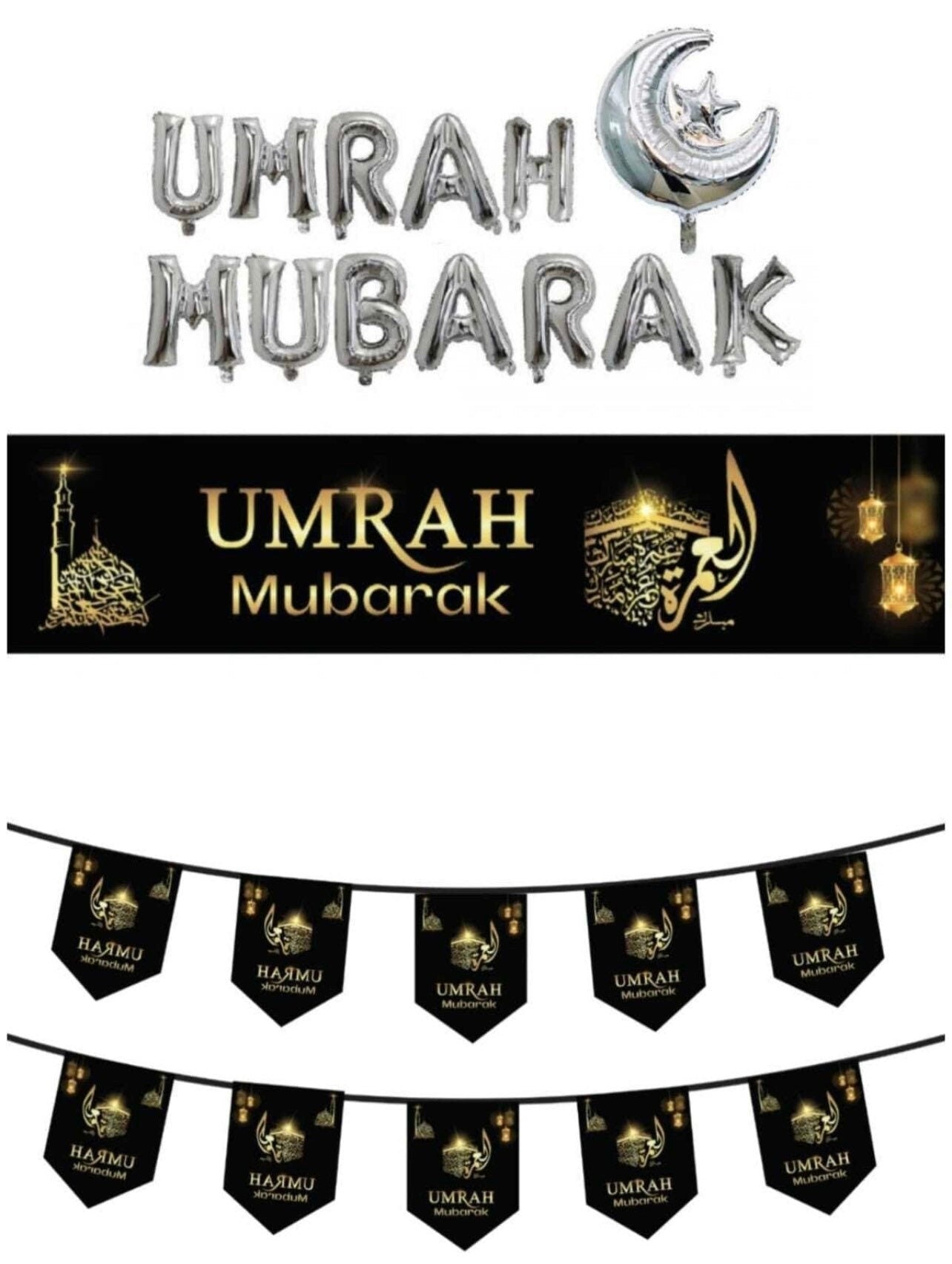 Umrah Mubarak Black Set Banner Bunting Latex Balloon and Foil Balloon Design your house with our umrah mubarak decorationsBalloon land uk ltdBalloon land uk ltd